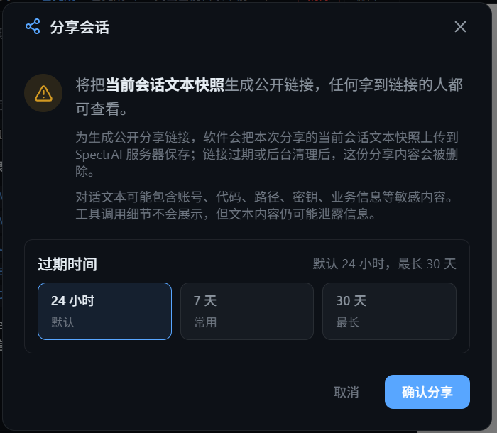 分享会话对话框，含过期时间选择与确认分享按钮